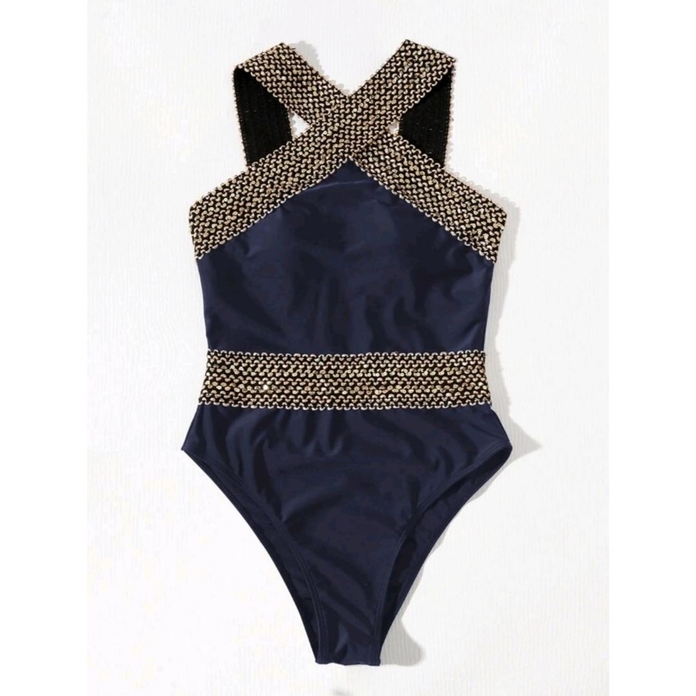 SHEIN Navy and Gold One-Shoulder Swimsuit - Picture 2 of 2